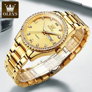 Olevs Diamond incrustado relógio de ouro calendário relógio de quartzo luminoso de 3 pinos relógio masculino 40mm