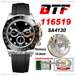 BTF Better SA4130 Automatisk kronograf Mens Watch 904L Steel Ceramic Bezel Black Diamonds Dial OysterFlex Rubber Super Edition Th 12.2mm Reloj Hombre Puretime A1