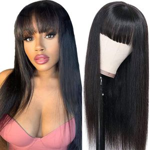 30 Inch Straight Human Hair Wigs 180% Brazilian Glueless Full Machine Made Human Hair Wig With Bangs For Women