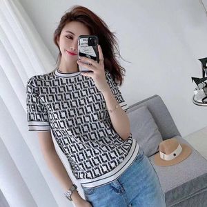 2023Designer new high quality women's knit & dress temperament full with crewneck full F letter T-shirt ice silk small shirt thin jacquard knit top T-shirt