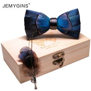 Bow Ties JEMYGINS original design fashion mens bow tie handcut dark blue feather brooch set wedding party accessories gift 230619