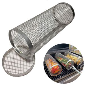 BBQ Tools Accessories BBQ Basket Stainless Steel Rolling Grilling Basket Wire Mesh Cylinder Grill Basket Portable Round Outdoor Camping Barbecue Rack 230620