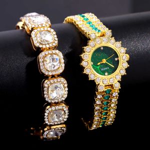 Watches Fashion Bling Crystal Small Ladies for Woman with Iced Out Paved Rhinestones Tennis Chain Bracelet Necklace Set Jewelry 230613