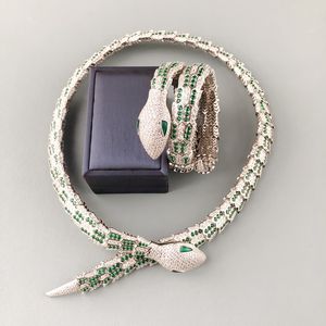 Designer Collection Style Thick Bracelet Necklace Settings Green Zircon Diamond Snake Serpent Dinner Party Choker Bangle High Quality Jewelry Sets