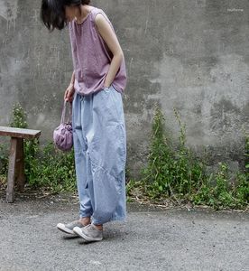 Women's Pants Cotton Wide Leg Women Casual LOOSE Elastic Waist Calf-Length Vintage High Waisted 2023 Summer Women's Thin