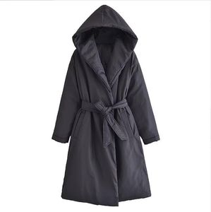 Partihandel Autumn New Belt Hooded Long Cotton Coat