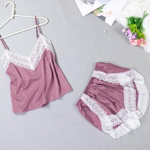 Women's Sleepwear Ice Silk Simulation Pajamas Ladies Sexy Lace Vest Shorts Two-piece Suit Cool Breathable