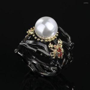 Cluster-Ringe Mode eingelegte Perle Schwarzgold Ring für Damen Böhmischer Stil Schmuck Hohe handgemachte Party Verlobung