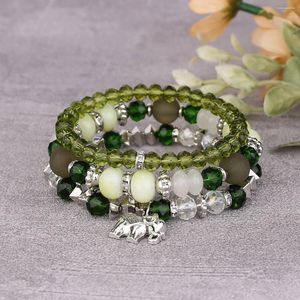 Charm Bracelets Handmade Boho Elephant Pendant Bracelet & Bangle Set For Women Green Beads Jewelry Gifts Female