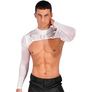 Mäns T-skjortor Mens Mens SeaThrough Mesh Half Crop Top Mock Neck Long Sleeve O-Ring Decor T-Shirt Party Stage Performance Costumes Clubwear