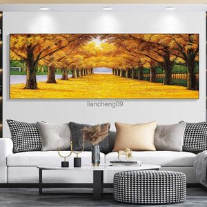 Grande pintura a óleo de árvore de outono dourada abstrata em tela mural decorativo sem moldura acrílico pendurado para sala de estar quarto arte da parede L230620