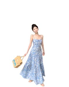 여자 해변 휴가 섹시한 스파게티 스트랩 블루 꽃 인쇄 해변 뒤로 된 맥시 긴 인어 드레스 sm