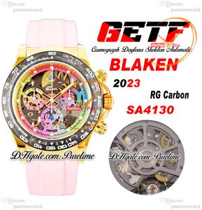 GETF Blaken SA4130 Automatic Chronograph Skeleton Dial Mens Watch Yellow Gold Carbon Bezel 904L Steel Pink Rubber Super Edition Reloj Hombre Montre Puretime C3