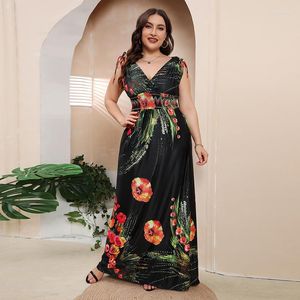 Casual Dresses Summer Large Women's Ice Silk Printed Dress Bohemian Plus Size V-Neck Wholesale Long Long