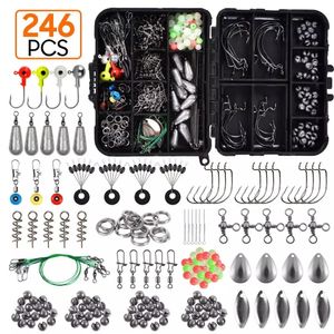 Esche esche 246pcsbox Scatola di attrezzi da pesca Kit di accessori Set con ganci Peso zavorra a scatto per esca per carpe Ghiaccio Accessori invernali 230619