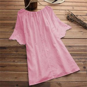 Women's Blouses Crew Neck Casual Shirt Dress Summer Women'S Solid Ruffle Cuff Weave Loose Large Size Pleated Blouse Blusa Mujer Moda