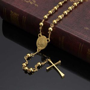 Pendant Necklaces Jesus Cross Pendant Neckle Stainless Steel Gold Color For Women Religious Christian Jewelry Rosary beads Simple Gifts J230620