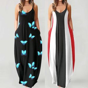 Casual Dresses Women Large Size Summer Sexy V-Neck Butterfly Print Sleeveless Pullover Long Off Shoulder Beach Holiday Party Wear Robe