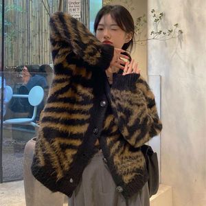 Women's Knits Vintage Leopard Cardigan Women Zebra Pattern V-neck Mohair Knitwear Ladies Fuzzy Loose Fleece Fluffy Sweaters Winter