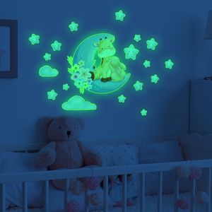 Cartoon Deer Hugging Rabbit Luminous Wall Stickers Glow In The Dark Stars Stickers For Baby Kids Rooms Wall Decor Moon Wallpaper