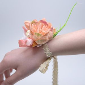 Charm Bracelets Girls Bridesmaid Bracelet Hand Flowers Artificial Wrist Corsage For Wedding Flower Party Prom Accessories