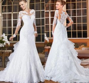 Ärmel Meerjungfrau Lange Hochzeit Bling Romantische Applikationen Spitze Brautkleider Knopf Zurück Vestido De Noiva Frühling Herbst