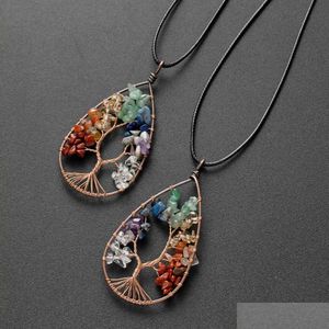 Pendant Necklaces Handmade Wire Wrapped Natural Chip Stone Life Of Tree Necklace 24Inch Black Leather Cord Chain 7 Chakra Hea Dhyk3