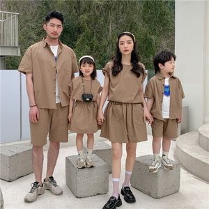 Family Matching Outfits 2023 Korean Fashion Children and Parents Plain Summer Holiday Beachwears Families Coodinated Clothing 230619