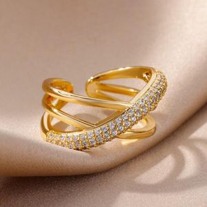 Wedding Rings Zircon Twist Cross For Women Stainless Steel Gold Plated Ring Korean Fashion Luxury Band Aesthetic Jewerly Gift