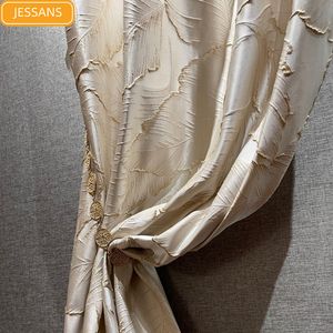 カーテンハイプレシションエンボス加工されたゴールドスレッドJACQUARD BEIGE LEAFリビングルームベッドルームカスタマイズ230619のための3次元カーテン