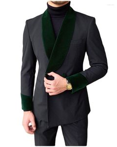 Men's Suits Fashion Design Black Double-breasted Men With Green Velvet Shawl Lapel For Business Formal Occasion Slim Fit Wear 2 Pieces