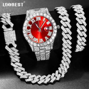 Pendant Necklaces Neckle+Watch+Brelet Iced Out Watch For Men Hip Hop 14MM Prong Cuban Chain Rapper Cuban Neckles Set Punk Party Jewelry Gift J230620