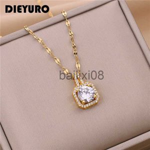 Pendant Necklaces DIEYURO 316L Stainless Steel Square 3 Color Crystal Zircon Clavicle Chain High Quality Beauty Pendant Neckle For Women Wedding J230620