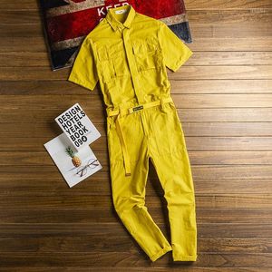 Calças masculinas de verão finas manga curta macacão masculino lapela com vários bolsos macacão respirável fashion preto amarelo calças de vestuário de trabalho