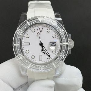 남성 시계 클래식 시계 자동 기계식 시계 고무 스트랩 Montre De Luxe White Wristwatch for Men 40mm 투명 케이스
