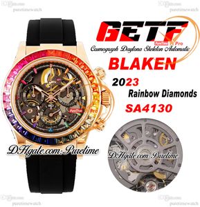 Getf Blaken SA4130 Automatisk kronograf Skeleton Dial Mens Watch Rose Gold Rainbow Bezel 904L Steel Black Rubber Super Edition Reloj Hombre Montre Puretime D4