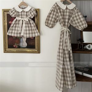 家族をマッチする衣装の夏の母娘ドレスガール韓国人形襟弓ベルト親子ママと娘の服230619