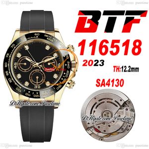 BTF Better SA4130 Automatisk kronograf Mens Watch 904l Steel Yellow Gold Ceramic Bezel Black Diamond Dial OysterFlex Rubber Super Edition Reloj Hombre Puretime 10