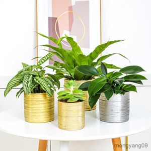 Planters Pots Simple ceramic wire drawing electroplating gold and silver fleshy combination flowerpot handicraft flower arranging device R230620