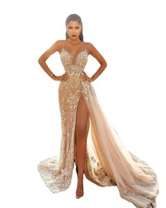 Stunning Champagne Gold Beads Appliqued Evening Dresses Sexy High Thigh Split Spaghetti Straps Backless Long Occasion Party Prom Gowns