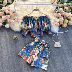 Fatos de Treino Feminino Teeuiear Boho Sexy Ombro Fora Estampa Floral Verão Curto Top Duas Peças Terno Feminino Casual Praia Férias Bandagem