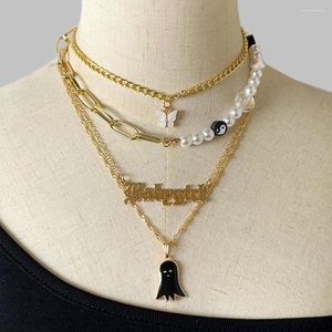 Catene multistrato carino nero fantasma lettera ciondolo collane per le donne asimmetria Yin Yang perla collana girocollo in metallo regalo di gioielli per feste