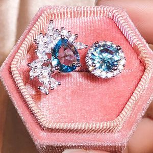 Cluster Rings Exaggerated Irregular Couple Ring For Women Oval Square Ocean Blue Topaz Sapphire Flowers Full Of Diamond Wedding Gift Jewelry