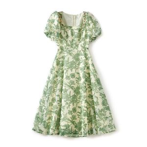 2023 Summer GreenFloral Print Dress Short Sleeve Square Neck Midi Casual Dresses W3L046310