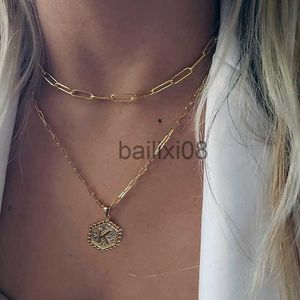 Pendant Necklaces New Gold Double Layer Initial Neckle 14K Gold Plated Paperclip Chain Neckle Simple Cute Hex Pendant Clavicle Chain For Women J230620
