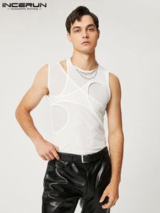 Regatas Masculinas INCERUN Tops Estilo Americano Masculino Costura Estrutural Colete Moda Casual Masculino Coletes de Malha Transparente S-5XL 230620