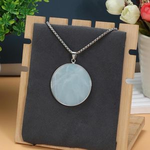 Pendant Necklaces Round Disc Natural Amazonite Labradorite Stone For Women Men Stainless Steel Chain Jewelry Necklace Gift