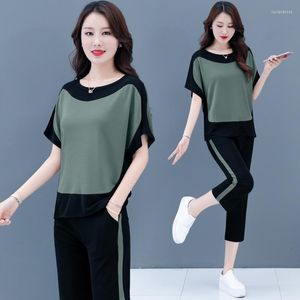 Kvinnors träningsdräkter Summer Sports Två stycken kläder Kort ärm beskurna byxor plus storlek 4xl 5xl 2 Set Women Clothing Green Pink Bourgogne