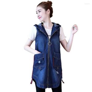 Kvinnors västar Spring Autumn Korean Casual Denim Vest 5xl Women Slim Sleönveless Hooded Waistcoat Topps Female Loose Long Zip Outwear