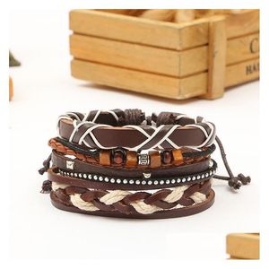 Chain Link Woven Leather Bracelet Mens And Womens Cuff Wound Wooden Bead Ethnic Tribe Adjustable Drop Delivery 202 Dh7Sf